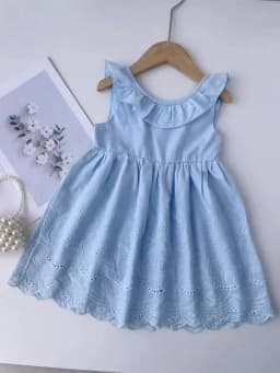 Summer New Blue Casual Round Neck Lace Sleeveless Princess Dress with Bow Hollow Pattern for Girls Aged 2-6 Daily Wear