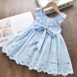 Summer New Blue Casual Round Neck Lace Sleeveless Princess Dress with Bow Hollow Pattern for Girls Aged 2-6 Daily Wear