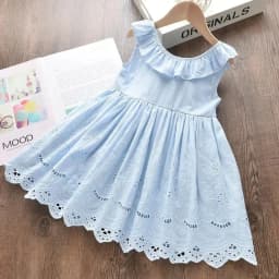 Summer New Blue Casual Round Neck Lace Sleeveless Princess Dress with Bow Hollow Pattern for Girls Aged 2-6 Daily Wear