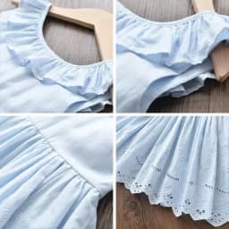 Summer New Blue Casual Round Neck Lace Sleeveless Princess Dress with Bow Hollow Pattern for Girls Aged 2-6 Daily Wear