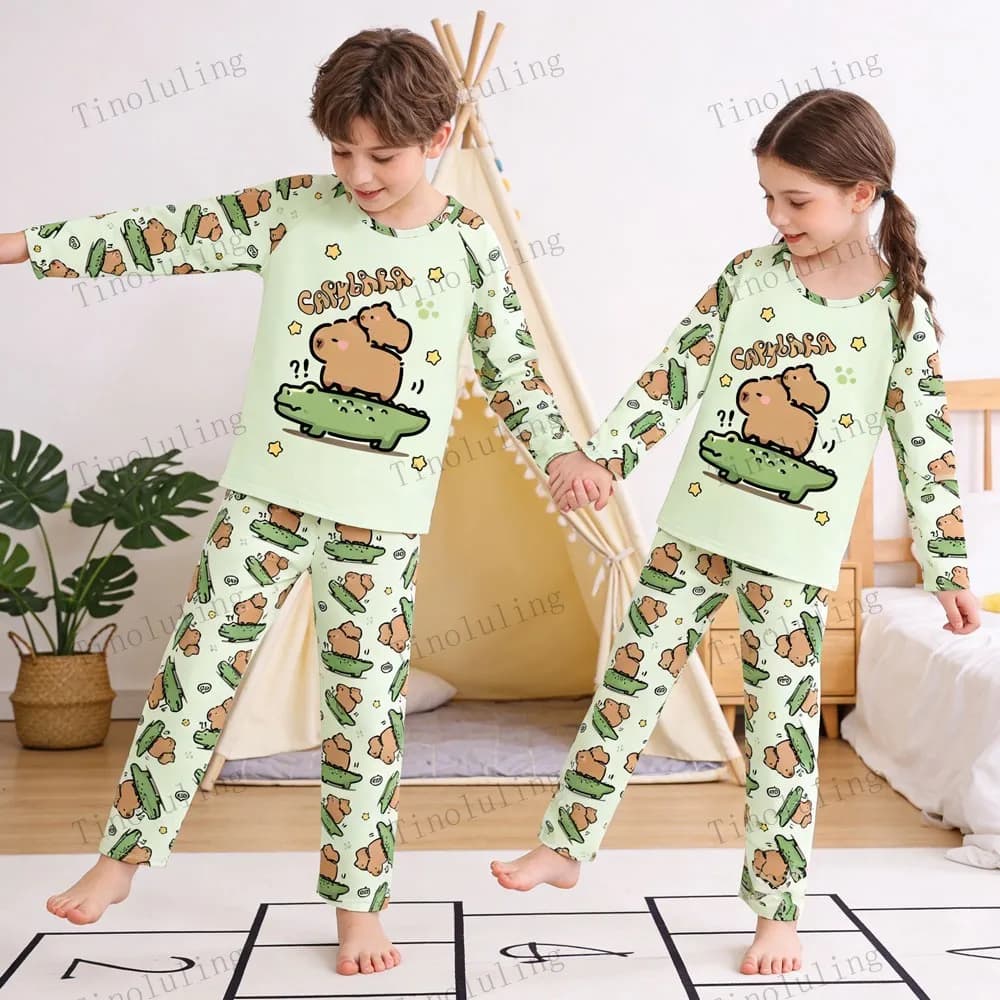 2PC/Set Boys Pajamas Sets Kids Pjs Toddler 3 to 4 5 6 7 8 9 10 11 12 Years Long Sleeve Capybara Funny Pijamas Children Clothing