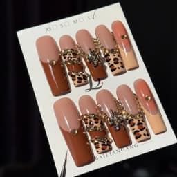 10pcs high-end Maillard color series, hand-painted leopard print, three-dimensional carvings, shiny small diamonds handmade Fren