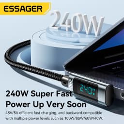 Essager 240W Type C to Type C Cable 90 Degree Angle 5A Fast Charger Type C Digital Display Cable for iPhone MacBook Pro Xiaomi