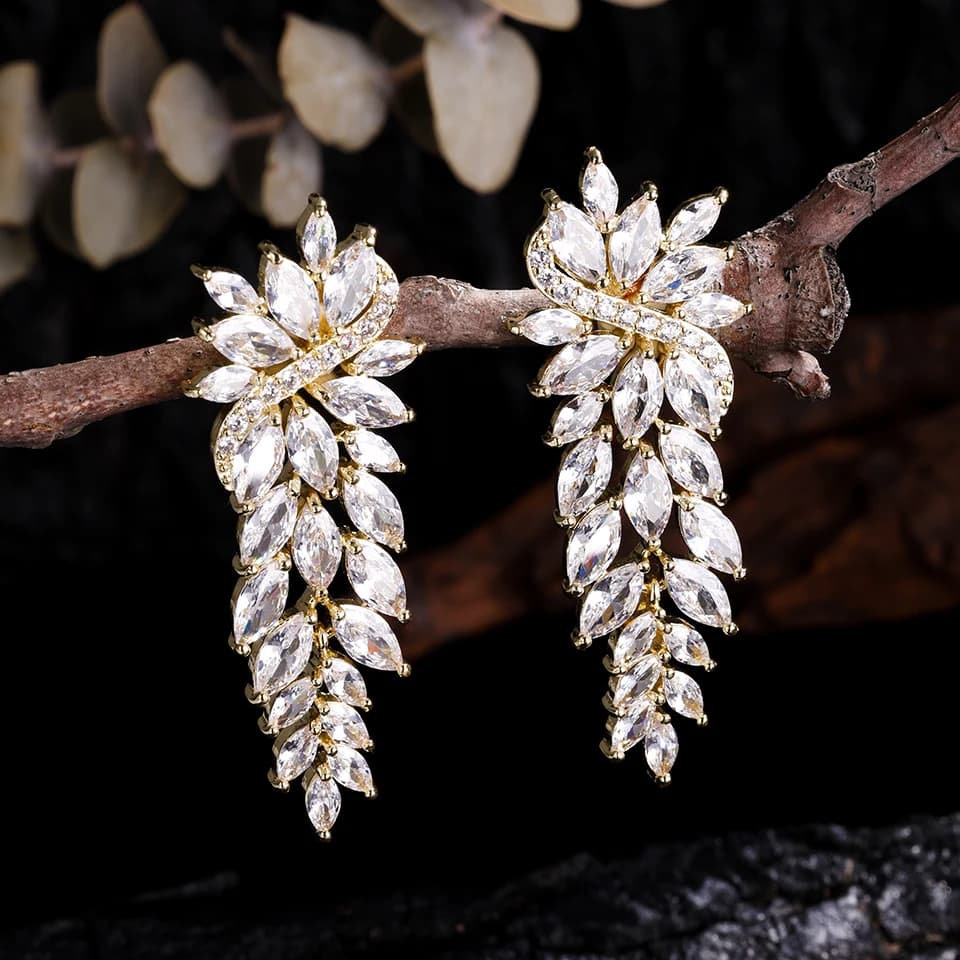 ZAKOL Gorgeous Marquise CZ Wedding Prom Jewelry White Cubic Zirconia Leaf Long Dangle Earrings for Brides Party