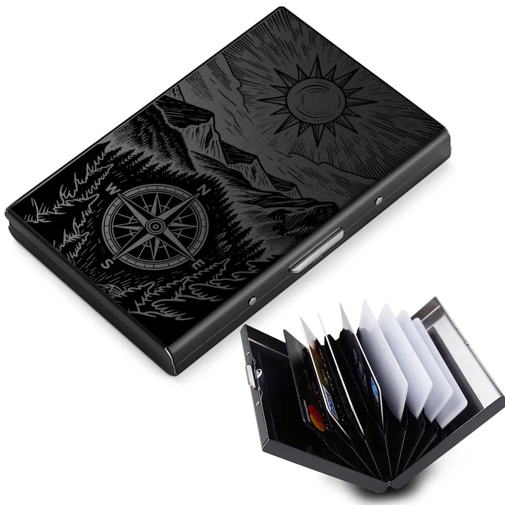Compass Mountain Credit Card Case Wallet Men Women Business Multifunction Slim Wallet Stainless Steel Card Holder 10 Card Slot