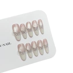 10pcs Long Oval French Handmade Nails Mirror Veil Zircon Cat's Eye Press on Nail White Full Coverage Nail Tips for Women&Girl