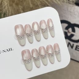 10pcs Long Oval French Handmade Nails Mirror Veil Zircon Cat's Eye Press on Nail White Full Coverage Nail Tips for Women&Girl