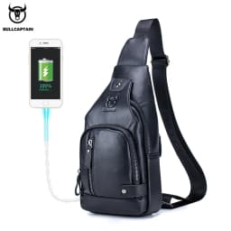 Bullcaptain Men's Usb Chest Bag 100% Genuine Leather Crossbody Shoulder Bags Multifunction Travel Outdoor Messenger Pack Fashion