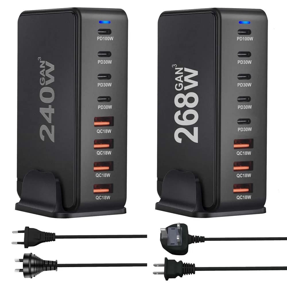 268W 240W Desktop GaN Quick PD Charger 8 Ports USB Type C USA EU AUS UK Plug Adapter Mobile Phone Laptop PC Charging Dock Stand
