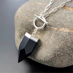 FUWO 1Pc Obsidian Crystal Pointed Necklace,Silver Plated Square Chain, Black and White Classic Semi Precious Stone Gift NC41