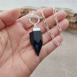 FUWO 1Pc Obsidian Crystal Pointed Necklace,Silver Plated Square Chain, Black and White Classic Semi Precious Stone Gift NC41