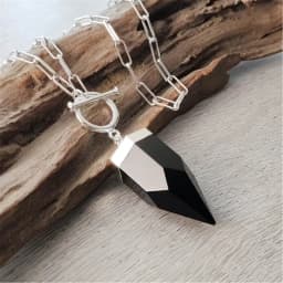 FUWO 1Pc Obsidian Crystal Pointed Necklace,Silver Plated Square Chain, Black and White Classic Semi Precious Stone Gift NC41