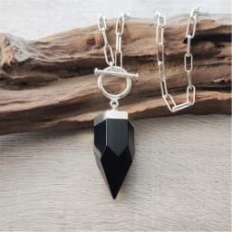 FUWO 1Pc Obsidian Crystal Pointed Necklace,Silver Plated Square Chain, Black and White Classic Semi Precious Stone Gift NC41