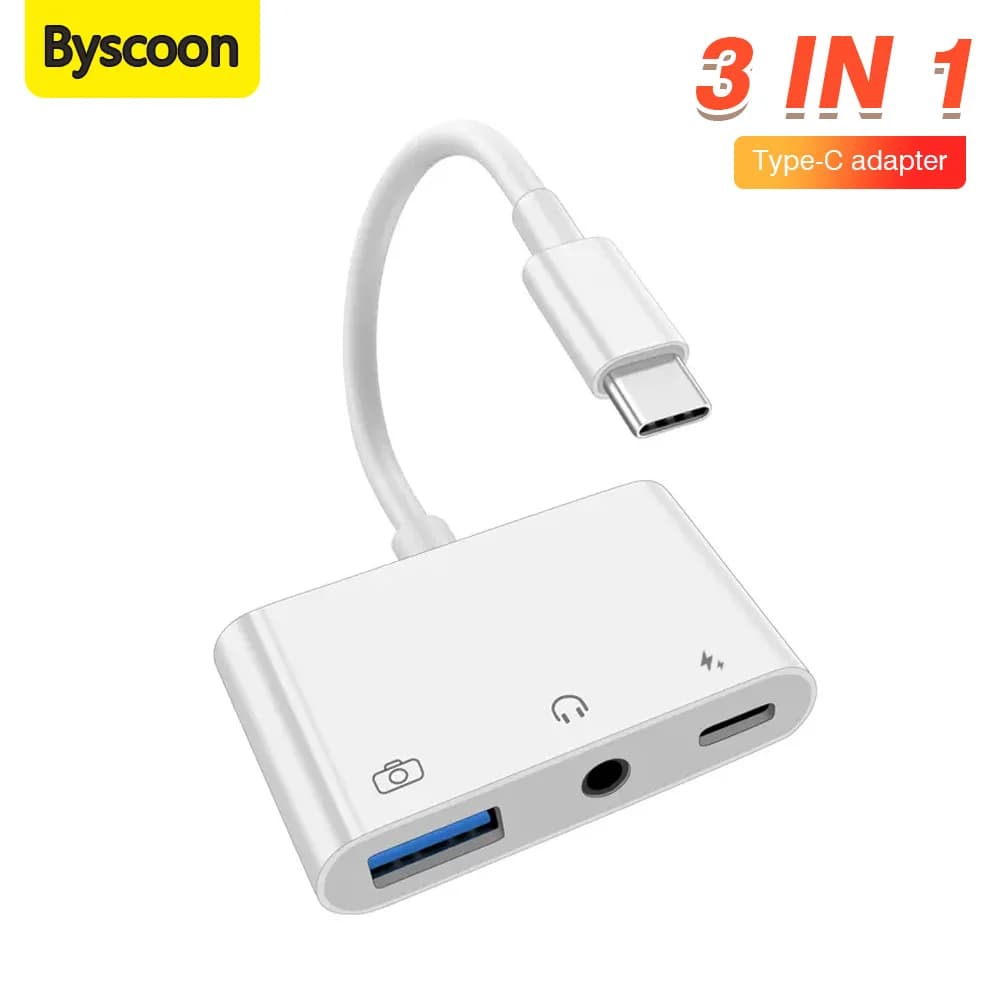 Byscoon 3 IN 1 Type C to USB 3.0 PD Fast Charge Data Transmission 3.5mm OTG Adapter Converter for iPhone 15 Headset Samsung