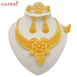 Indian Dubai Gold Color Jewelry Sets For Women Earring & Necklace Nigeria Moroccan Bridal Wedding Party Gifts