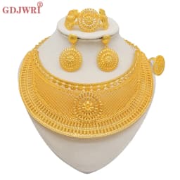Indian Dubai Gold Color Jewelry Sets For Women Earring & Necklace Nigeria Moroccan Bridal Wedding Party Gifts