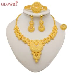 Indian Dubai Gold Color Jewelry Sets For Women Earring & Necklace Nigeria Moroccan Bridal Wedding Party Gifts