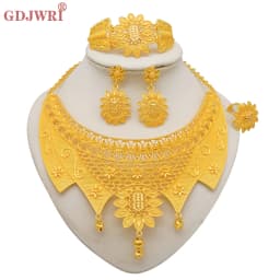 Indian Dubai Gold Color Jewelry Sets For Women Earring & Necklace Nigeria Moroccan Bridal Wedding Party Gifts