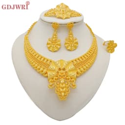 Indian Dubai Gold Color Jewelry Sets For Women Earring & Necklace Nigeria Moroccan Bridal Wedding Party Gifts