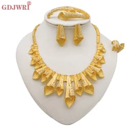 Indian Dubai Gold Color Jewelry Sets For Women Earring & Necklace Nigeria Moroccan Bridal Wedding Party Gifts