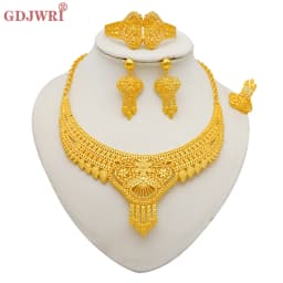 Indian Dubai Gold Color Jewelry Sets For Women Earring & Necklace Nigeria Moroccan Bridal Wedding Party Gifts