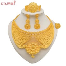 Indian Dubai Gold Color Jewelry Sets For Women Earring & Necklace Nigeria Moroccan Bridal Wedding Party Gifts