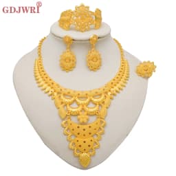 Indian Dubai Gold Color Jewelry Sets For Women Earring & Necklace Nigeria Moroccan Bridal Wedding Party Gifts