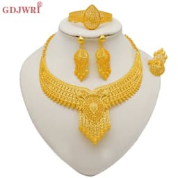 Indian Dubai Gold Color Jewelry Sets For Women Earring & Necklace Nigeria Moroccan Bridal Wedding Party Gifts