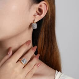 Classic square design inlaid stones two -color earrings rings set copper plated 14K gold fashion elegant ladies party earrings