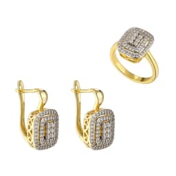 Classic square design inlaid stones two -color earrings rings set copper plated 14K gold fashion elegant ladies party earrings