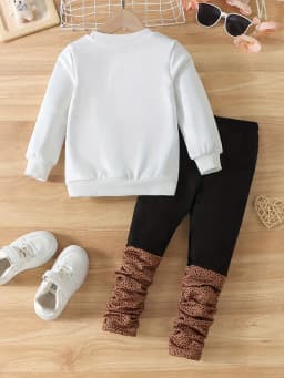 2-Piece Set for Girls: Autumn Portrait Print Round Neck Long-Sleeve Sweatshirt and Solid Color Patchwork Ruched Print Long Pants Set