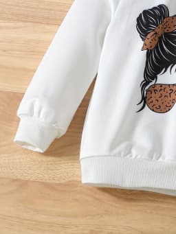 2-Piece Set for Girls: Autumn Portrait Print Round Neck Long-Sleeve Sweatshirt and Solid Color Patchwork Ruched Print Long Pants Set
