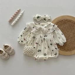 Autumn Newborn Infant Baby Girls Sweet Flower Romper + Headband Muslin Lapel Rompers Kids Onepiece Fashion Baby Clothing