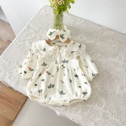 Autumn Newborn Infant Baby Girls Sweet Flower Romper + Headband Muslin Lapel Rompers Kids Onepiece Fashion Baby Clothing
