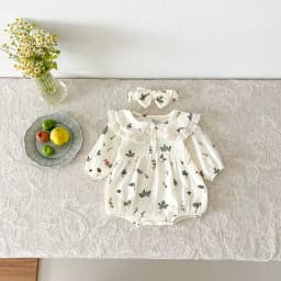 Autumn Newborn Infant Baby Girls Sweet Flower Romper + Headband Muslin Lapel Rompers Kids Onepiece Fashion Baby Clothing