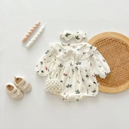 Autumn Newborn Infant Baby Girls Sweet Flower Romper + Headband Muslin Lapel Rompers Kids Onepiece Fashion Baby Clothing