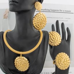 Dubai Big Drop Earrings Necklace Jewelry Set for Women Ethiopia Bridal African Gold Plated Bangle Ring 4PCS Set Banquet Gift