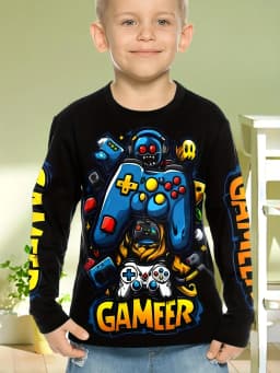 Children's Clothing Boys Tshirt Long Sleeve Cool Gamepad Pattern Print Kids Spring Fall Clothes Novelty Boy Clothes O-Neck Tops