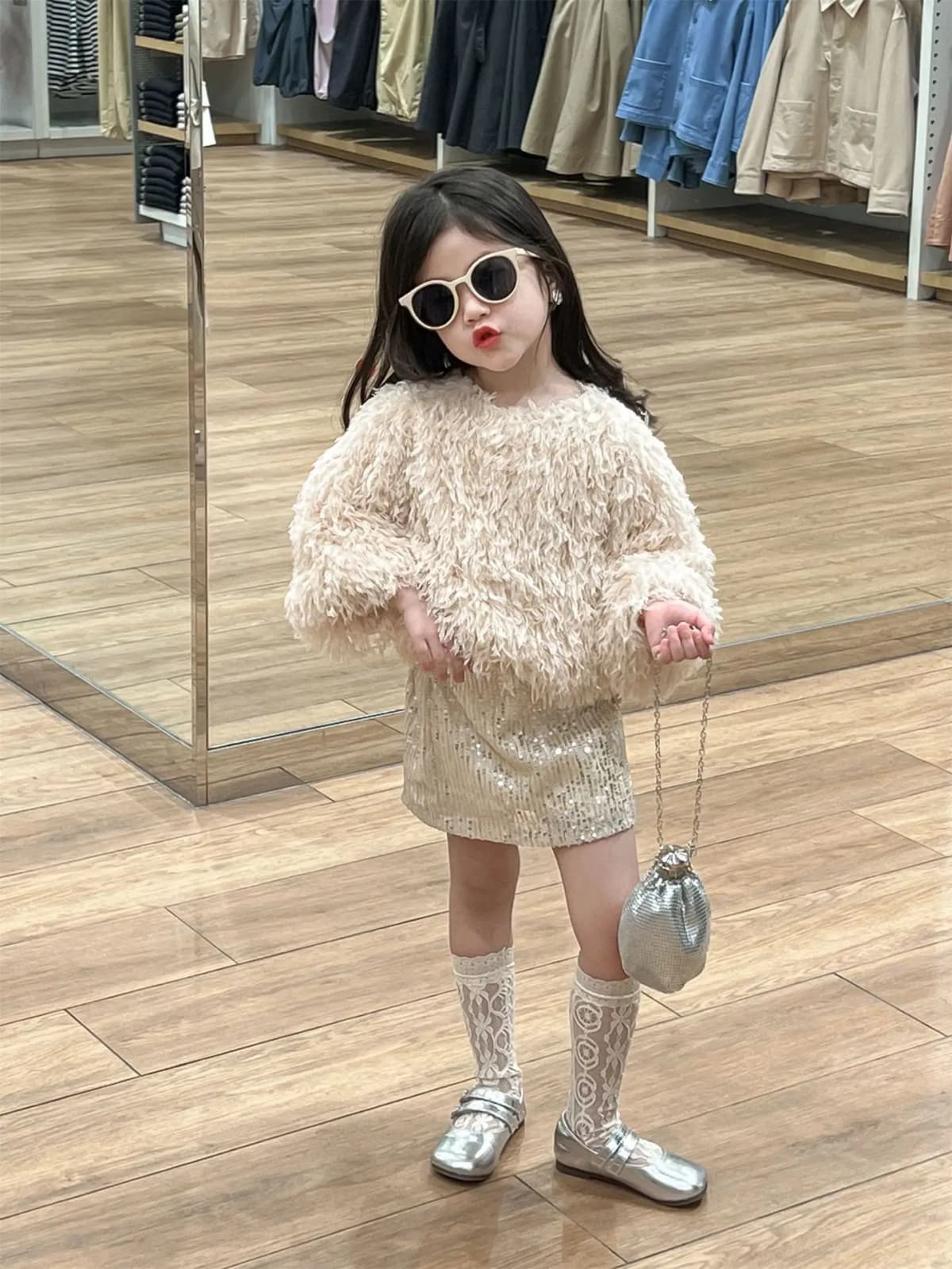 Childrens Sets Feather Long Sleeve Tops Sequin Skirt Fashion 2024 Autumn New Korean Style Childrens Two Piece Sets