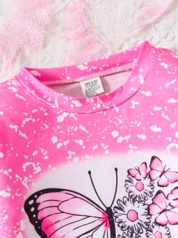 Children's Spring and autumn girls fashion 2 sets butterfly print pink crew neck long sleeve shirt black slim stretch pants