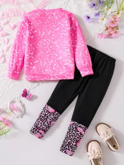 Children's Spring and autumn girls fashion 2 sets butterfly print pink crew neck long sleeve shirt black slim stretch pants