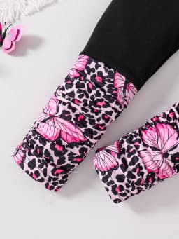 Children's Spring and autumn girls fashion 2 sets butterfly print pink crew neck long sleeve shirt black slim stretch pants