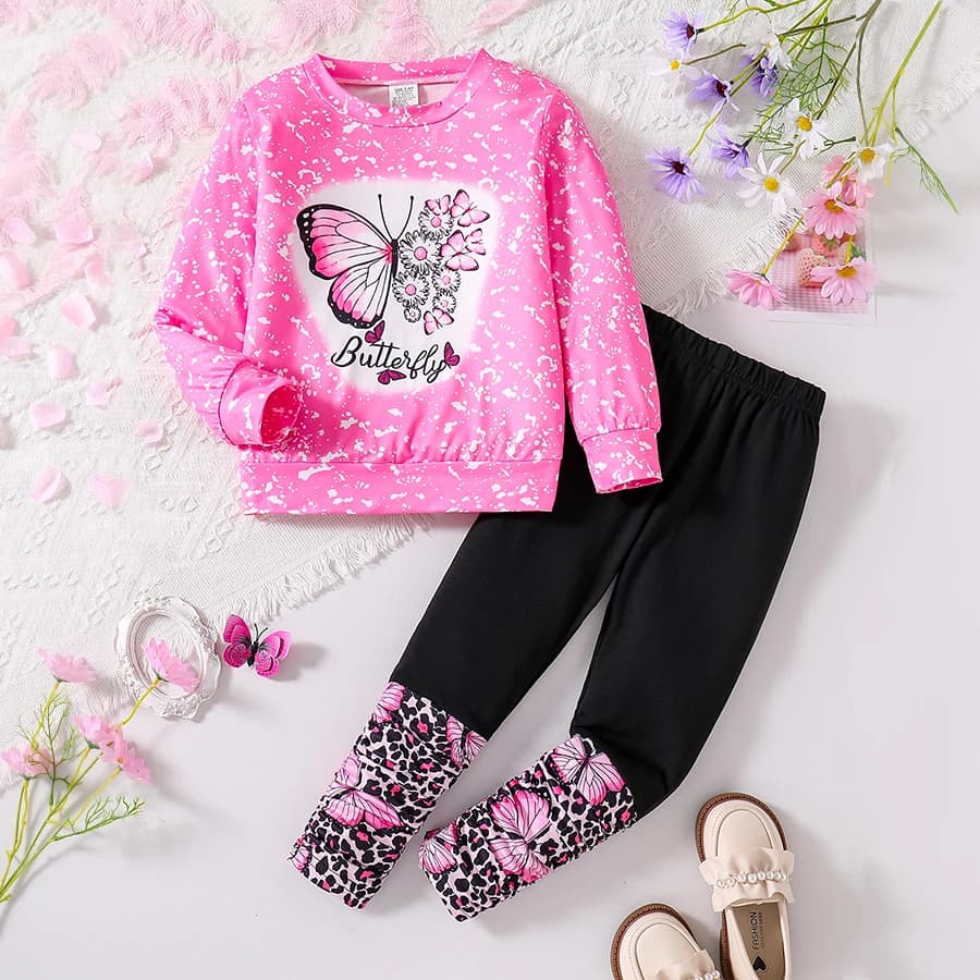Children's Spring and autumn girls fashion 2 sets butterfly print pink crew neck long sleeve shirt black slim stretch pants