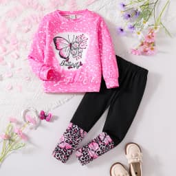 Children's Spring and autumn girls fashion 2 sets butterfly print pink crew neck long sleeve shirt black slim stretch pants