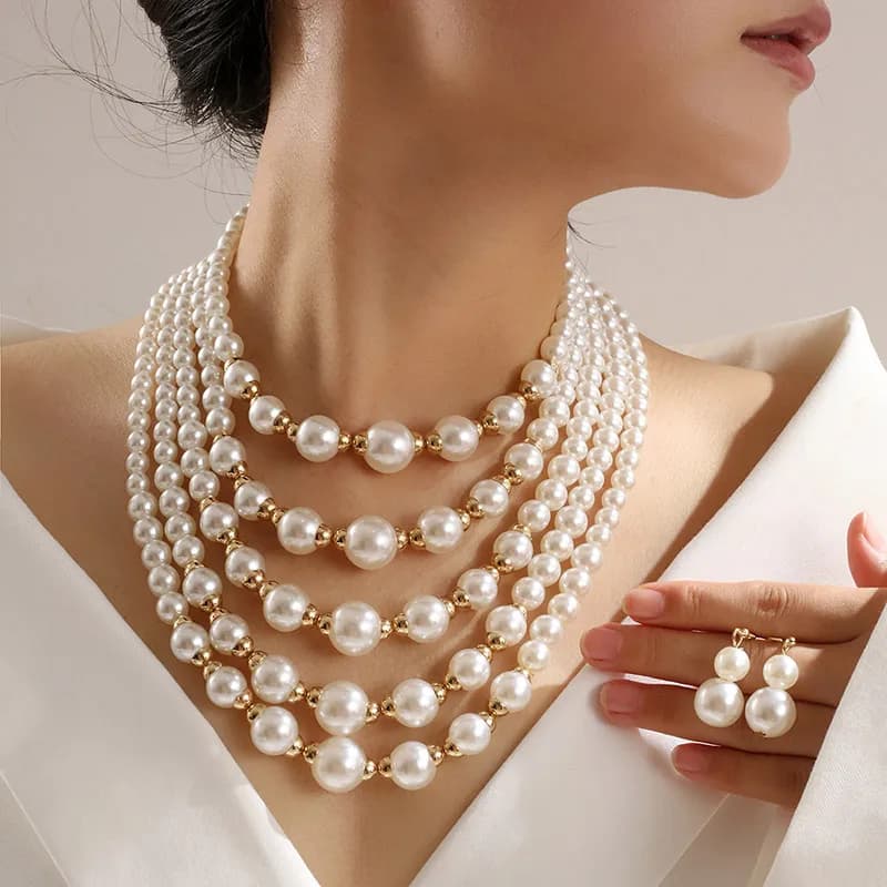 Kymyad Jewelry Sets Simulated Pearl Beads Multilayer Necklace Earrings Set For Women Bijoux Statement Collar Necklace Set