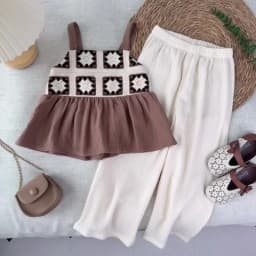 Bear Leader Girls Suit Summer Brown Retro Printed Plaid Camisole Top + Beige Pants Sweet Two-piece Set 3-7 Years Old