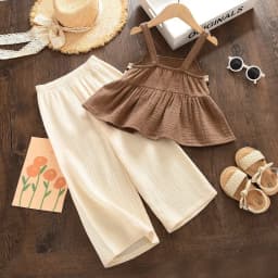 Bear Leader Girls Suit Summer Brown Retro Printed Plaid Camisole Top + Beige Pants Sweet Two-piece Set 3-7 Years Old