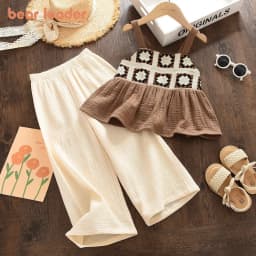Bear Leader Girls Suit Summer Brown Retro Printed Plaid Camisole Top + Beige Pants Sweet Two-piece Set 3-7 Years Old