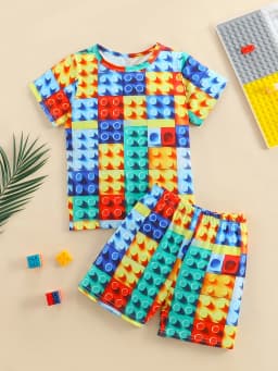 2026 Children's Clothing 3D Colourful Bricks Summer Tops Child Sets Short Sleeve Kids Tracksuit Sets Fashion Boys Kids Clothes