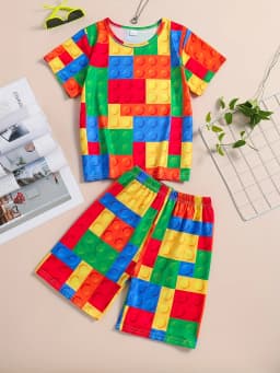 2026 Children's Clothing 3D Colourful Bricks Summer Tops Child Sets Short Sleeve Kids Tracksuit Sets Fashion Boys Kids Clothes